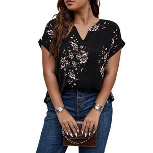 Plus Size V Neck Floral Printed Blouse Sh Sleeve Black White Pink Flowers